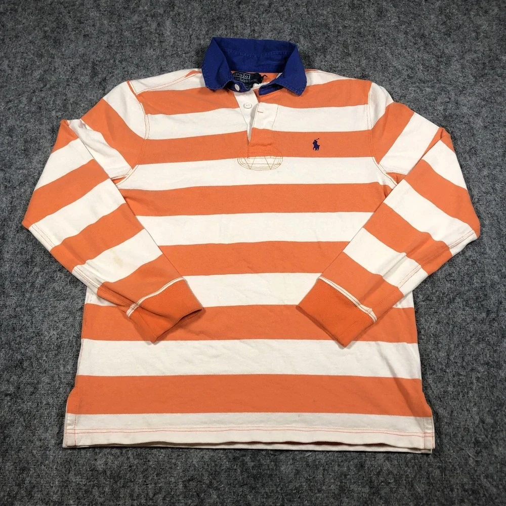 Vintage Polo Ralph Lauren Rugby Shirt Mens M Orange White Stripe Long Sleeve